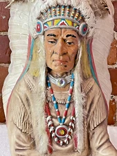 Byron Ceramic Native American Indian Chief Peace Pipe Feathered Headdress 1970's