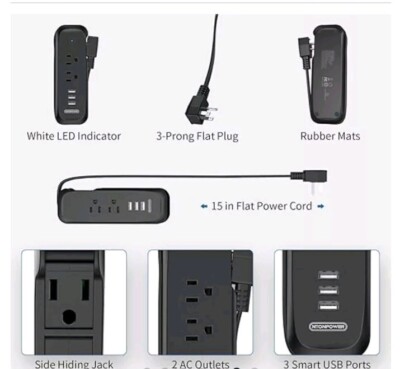Reisesteckdosenleiste mit USB - NTONPOWER 2 Steckdosen 3 USB
