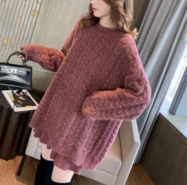 OFF WHITE Maglione donna moda coreana lavoro a maglia manica lunga casual colletto rotondo sciolto