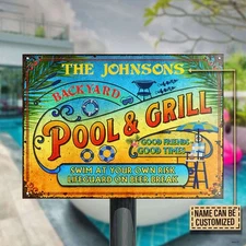 Personalized Pool Grilling Backyard At Your Own Risk Summer Classic Metal Signs