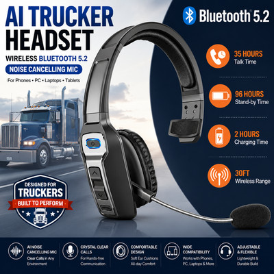 AI Trucker Headset Wireless Bluetooth 5.2 Noise Cancelling Mic For Phones PC US