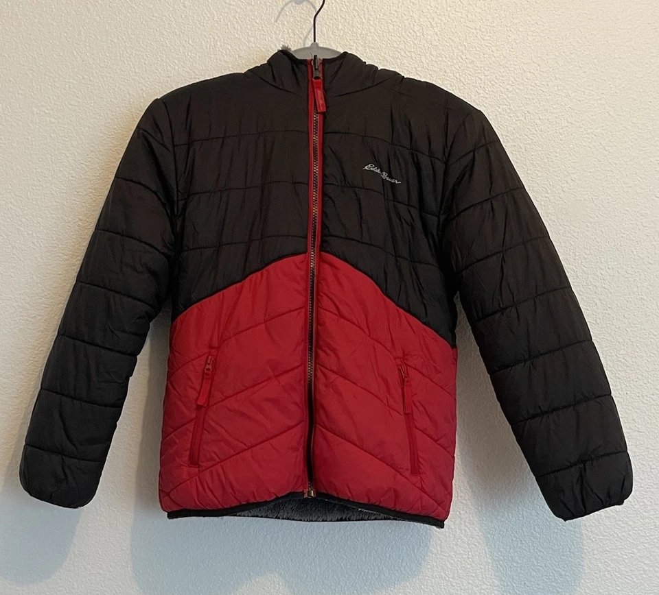 Chaqueta acolchada reversible Eddie Bauer negra roja con capucha polar niños talla M (10-12) Foto 3 de 4