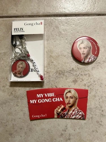 Stray Kids FELIX x Gong cha Keyring & Pin Drink Sleeve Combo keychain FREE SHIP
