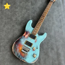 Custom Solid Body Electric Guitar: ST Shape Relic Blue Chrome Floyd Rose Bridge