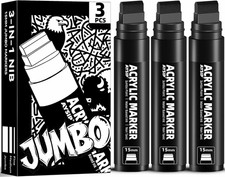 3 Jumbo Permanent Markers Black, 15Mm Large Wide Tip, Thick Acrylic Paint