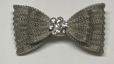 Vintage Silvertone W/clear Rhinestones Bow Barrette W/ Filigree Mesh Design
