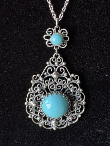 Danecraft Filigree Pendant Sterling Silver 925 Turquoise Colored Stones 28"