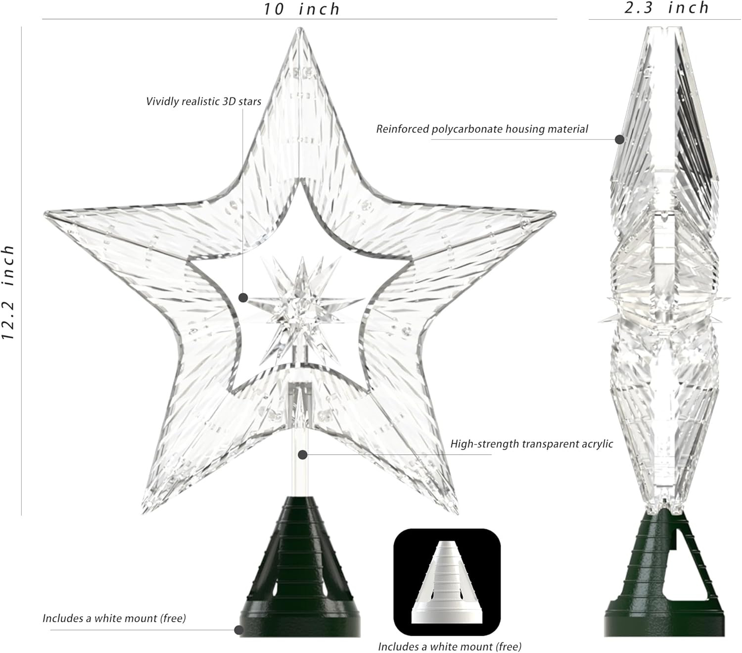 10" Christmas Tree Star Topper with Lights, Shatterproof, RGB Glow, USB Plug In