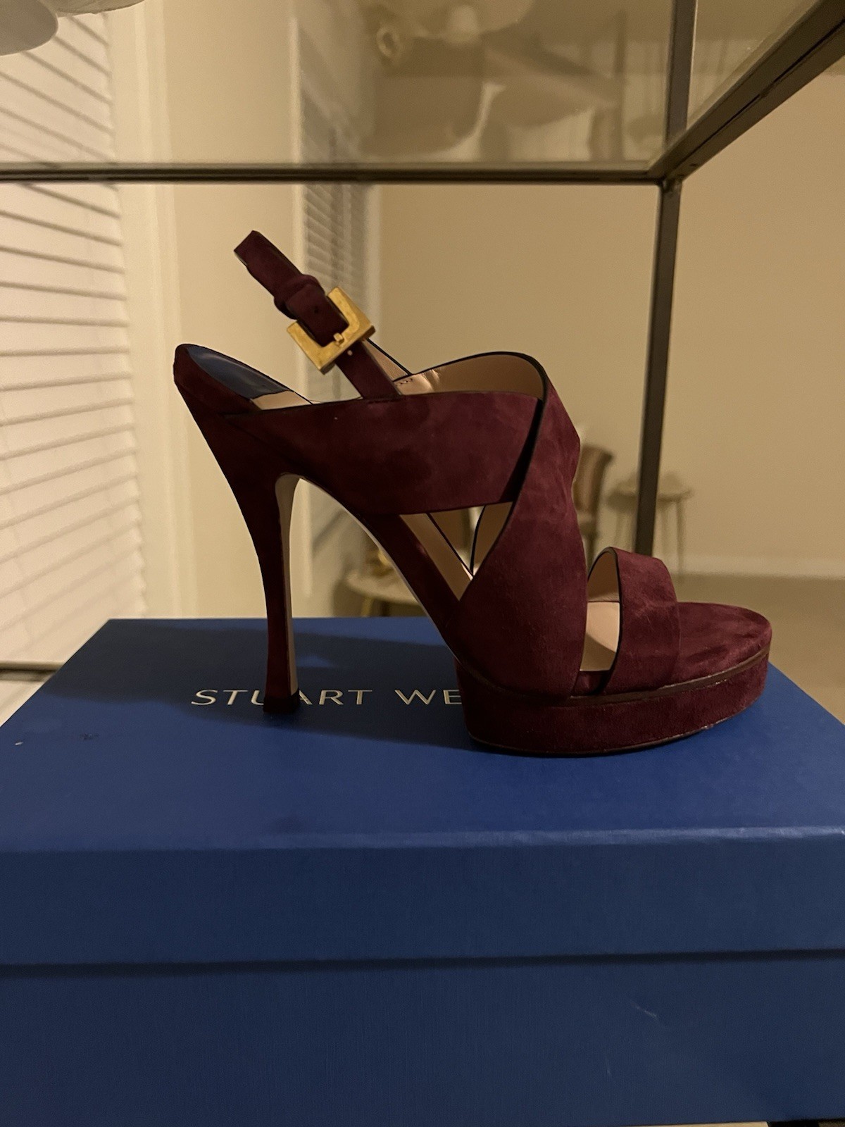 Stuart Weitzman Burgundy Suede Platform Stiletto Heels Buckle Open Toe