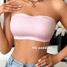 Women's Pink Strapless Lace Trim Seamless Tube Top Bandeau Bralette Crop Top