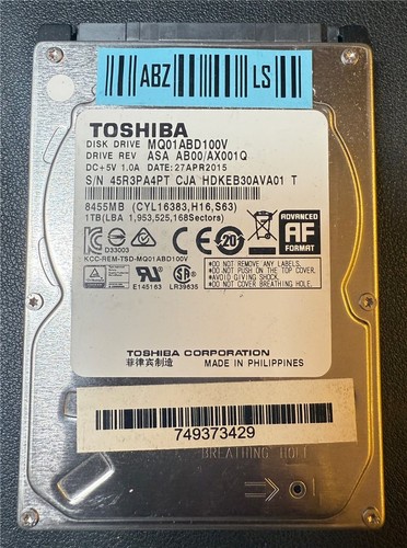 Toshiba, 1TB, MQ01ABD100V, ASA AB00/AX001Q, S/N: 45R3PA4PT, SATA HDD