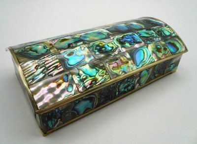 Abalone Shell TRINKET BOX Jewelry Mexico Alpaca Brass Rosewood
