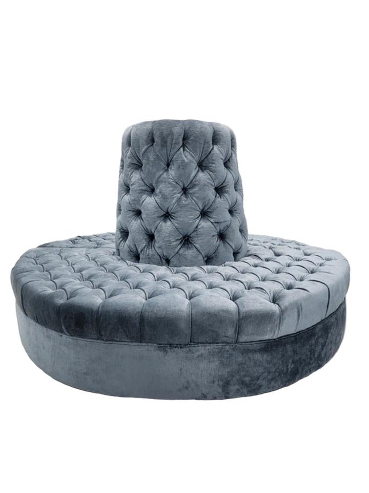 Vintage Round Banquet Settee Tufted Lobby Sofa Newly Reupholstered in Blue Velve - Image 4 of 4