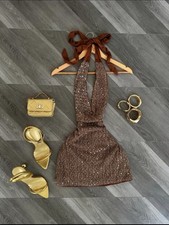 Brown Halter Neck Backless Sequin Mini Bodycon Dress Sleeveless Bow Party