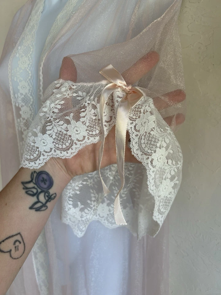 Vintage 60s 70s Sheer Nylon Long Pegnoir Robe S Pink Coquette Ethereal Lingerie - Image 4 of 4