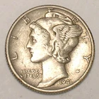 1941 Mercury Winged Head Dime 10 Cents Silver Coin VF+