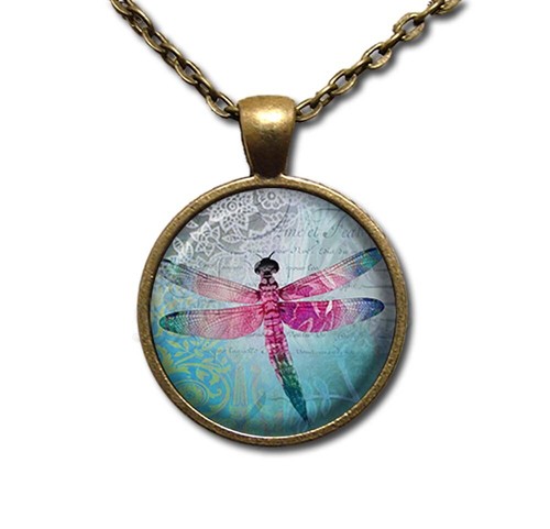 Stunning Blue Pink Dragonfly - Handmade Round Glass Pendant Necklace - Picture 9 of 10