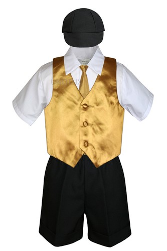 5pcs Boy Toddler Formal Vest Suit Satin Vest Necktie BLACK Shorts & Hat - Picture 8 of 24