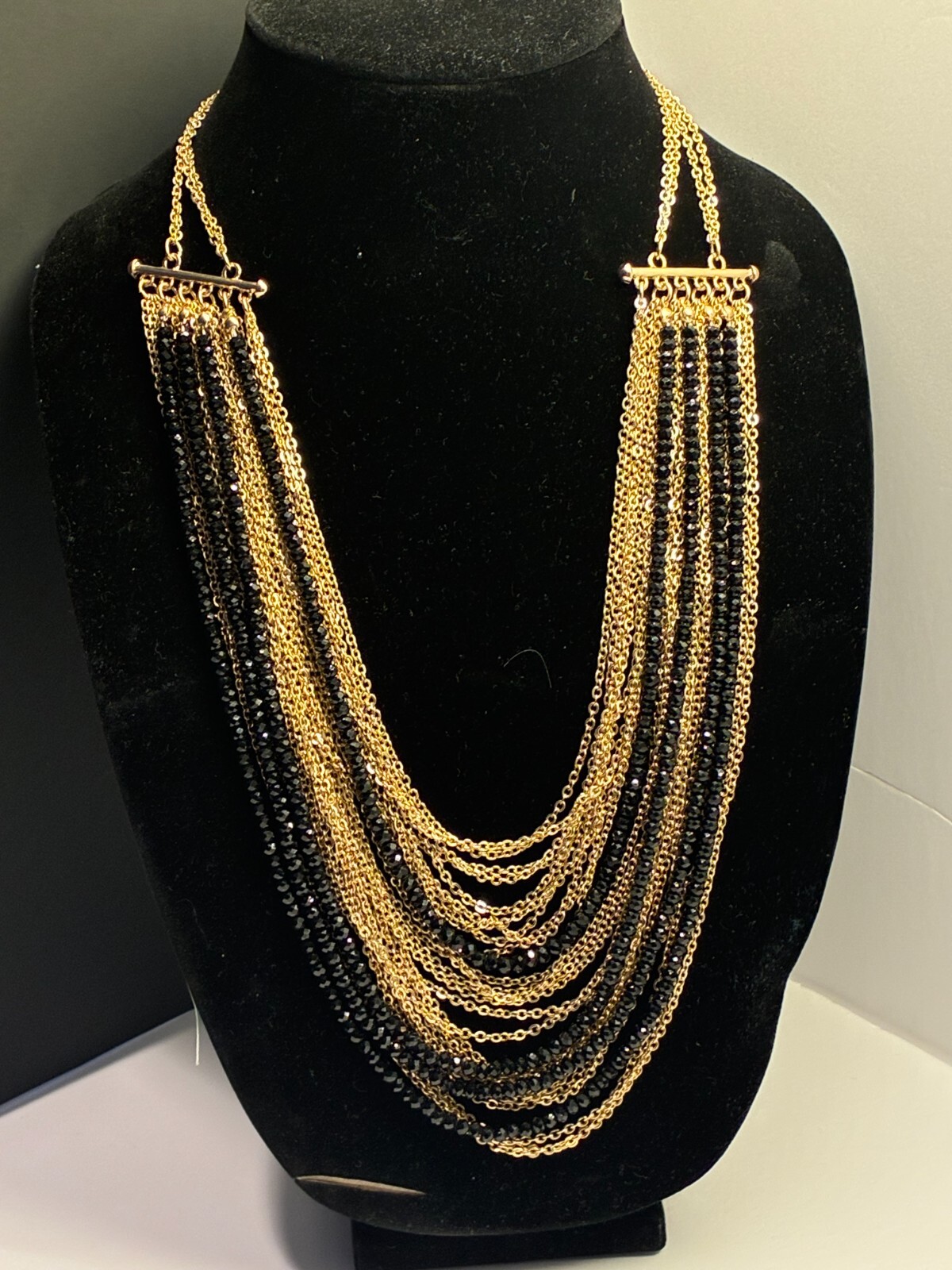 Statement NECKLACE Multi Strand Black Crystal Gol… - image 1