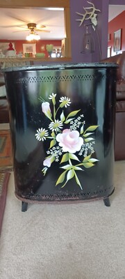 DETECTO mid century vintage 1950s??  Painted Floral Metal Laundry Hamper Black