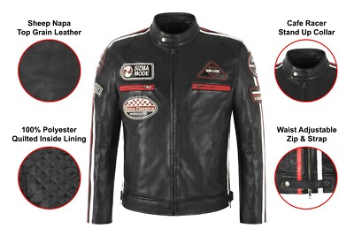 SIZMA Men's Real Leather Jacket Black Classic Vintage Retro
