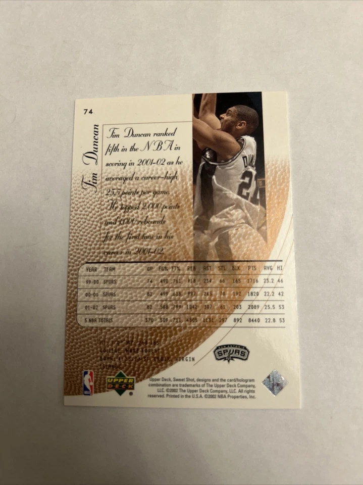 2002-03 Upper Deck Sweet Shot - #74 Tim Duncan - Image 2 of 2