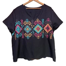 SHEIN CURVE Women Black Floral Print Short Sleeve Blouse Top Plus Size 1XL