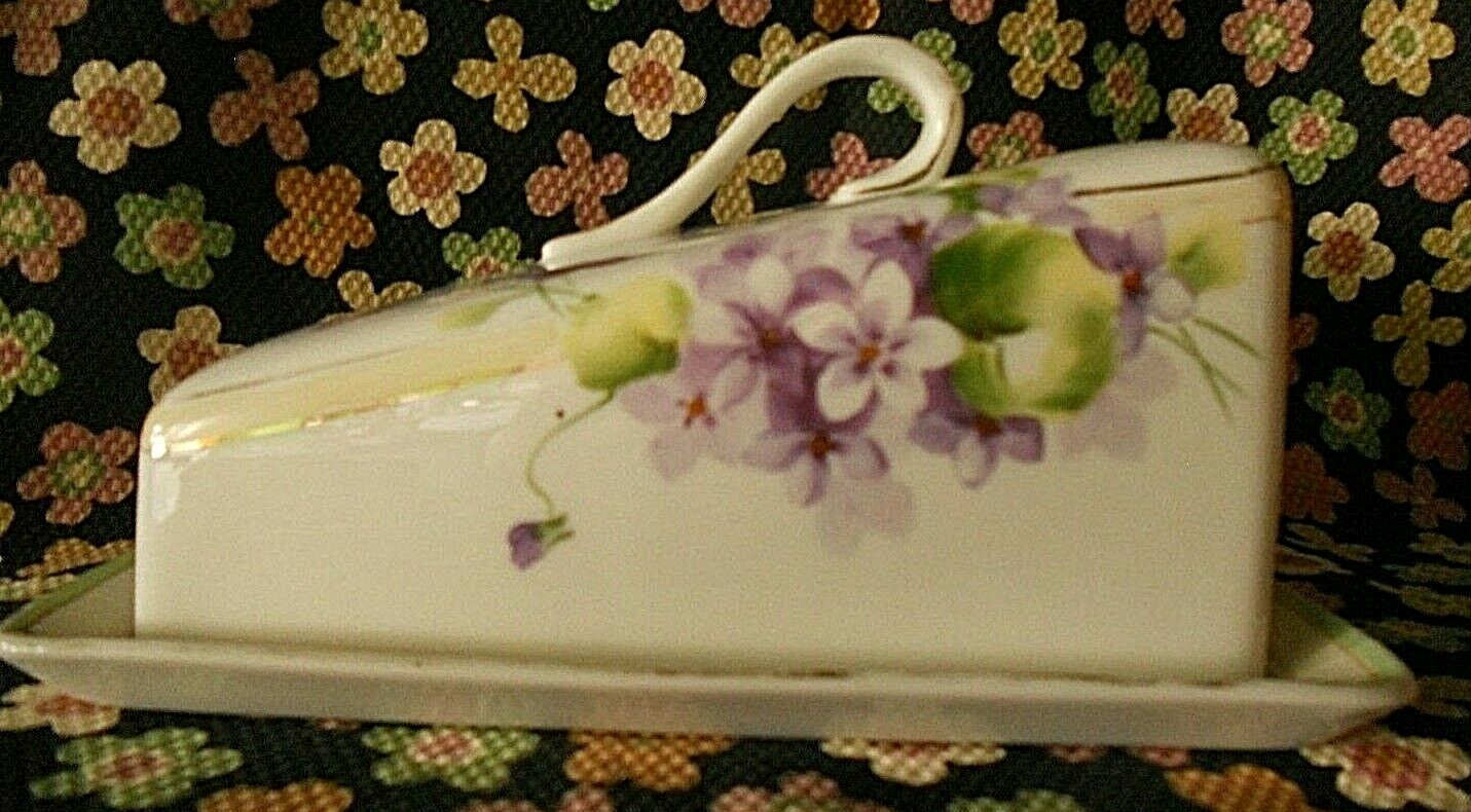 Vintage Hand Painted Nippon Violets Two Piece Cheese Keeper / Dish Porcelain