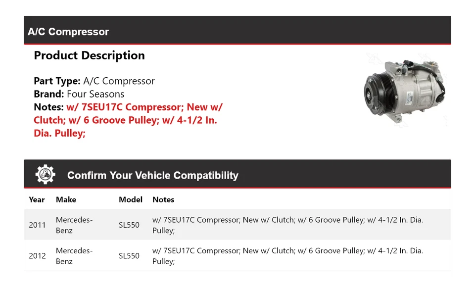 Compresor de aire acondicionado para Mercedes-Benz SL550 2011-2012 4 estaciones Foto 2 de 4
