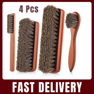 4 Pcs Shoe Brushes Set   Horsehair Boot & Leather Polish Cleaning Brushes