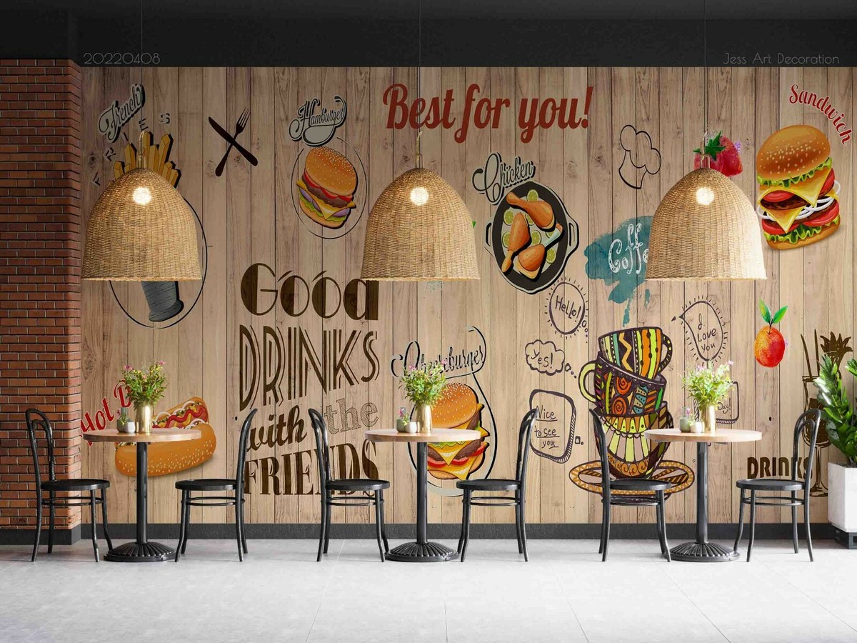 Papier peint 3D personnalisé pour hamburgers Fast Food Restaurant Papier peint mural 3D Snack Bar Hamburger Frites Papier peint 400 cm x 280 cm