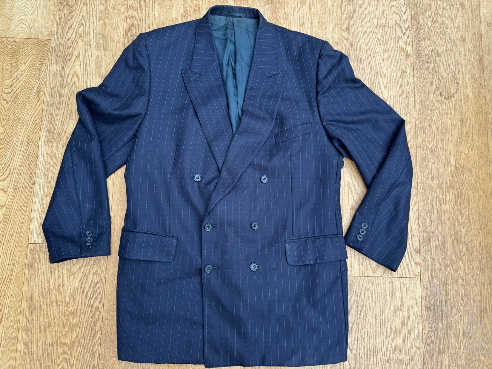 Giacca Gieves & Hawkes blu navy gessato doppiopetto Savile fila 46R lana