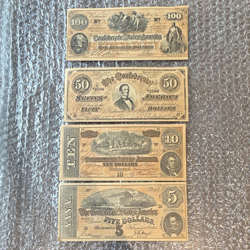 Confederate Currency Lot of 4 Notes $5 $10 $50 $100 Uncertified Ungraded
