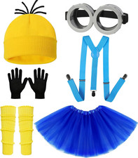Halloween Costume Accessories Adults, Yellow Beanie Hat/Goggles/Gloves/Suspender