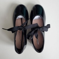 CAPEZIO Tele Tone TAP Little Girls BLACK PATENT TAP SHOES Size 13 M With Ties