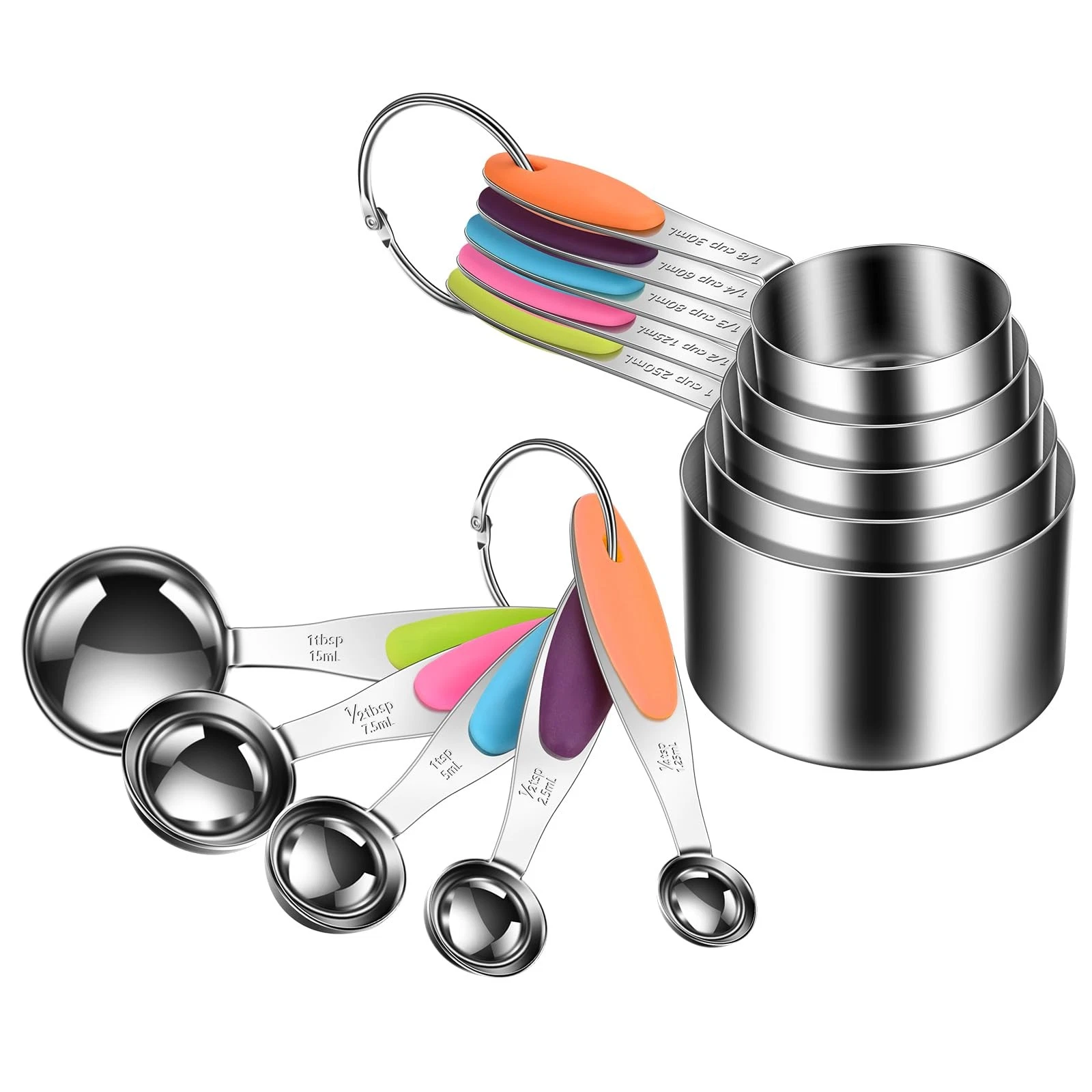 10-Piece Measuring Cups and Spoons Set, 304 Stainless Steel with Color-Coded ...