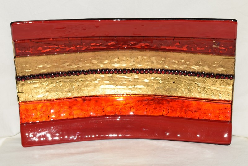 Murano Vetro Artistico Fused Art Glass Tray Dish Signed Red Gold Black