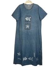 S&S Collection Denim Dress Sea-Themed Made In USA Size L Beach Casual Fish Retro