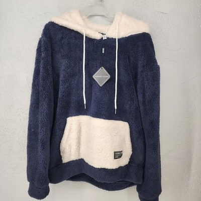 NWT Navy Blue Cream Fuzzy Sherpa Hoodie Pullover Medium Forever Young Womens