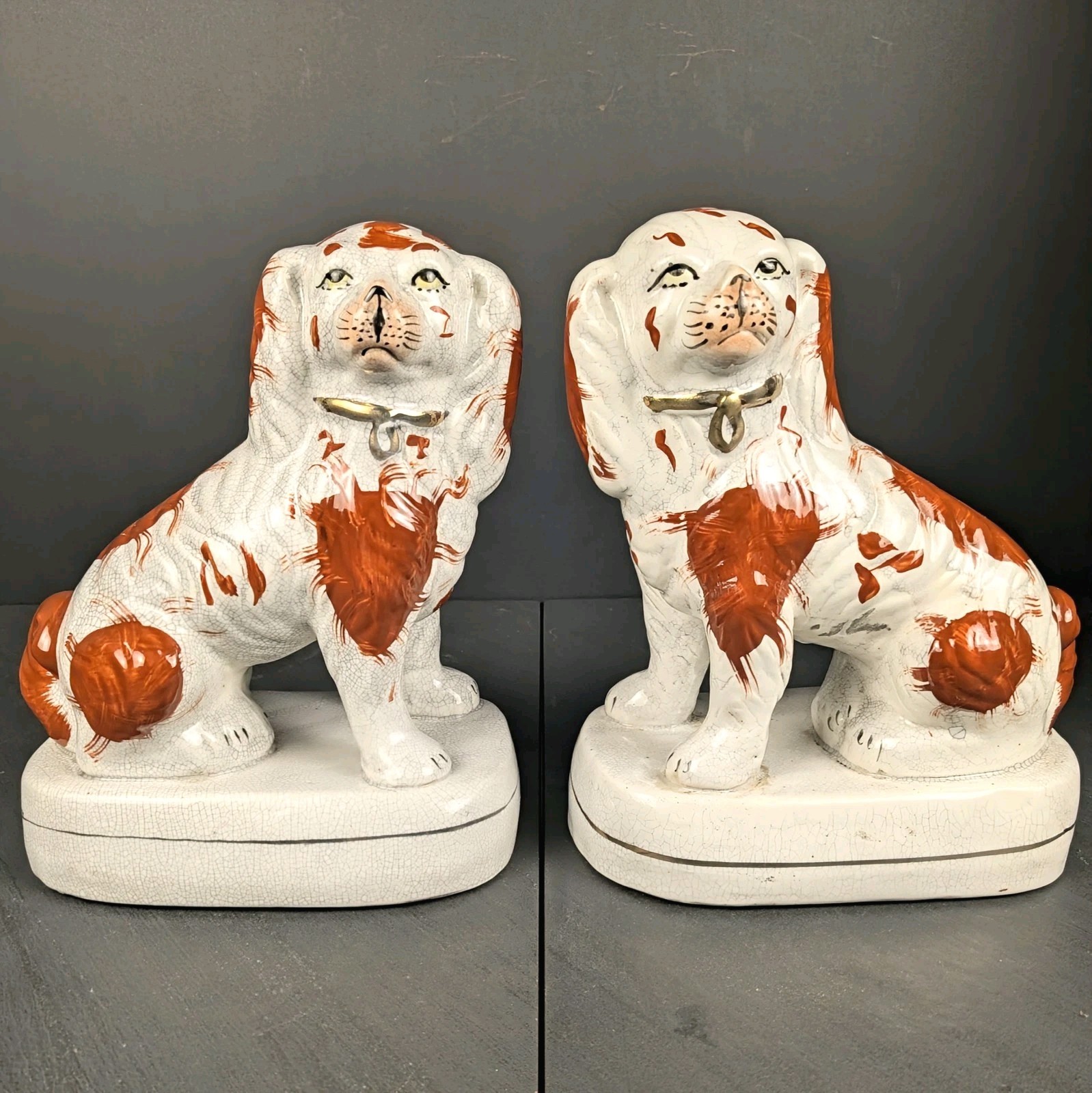 Vintage Staffordshire Style Spaniel Dog Pair Red White Mantel Dogs Wally Dogs