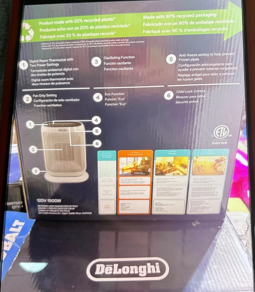 DeLonghi Heater 1500W Personal Space Heater Oscillating #HFXR41K15L (White) - Image 2 of 3