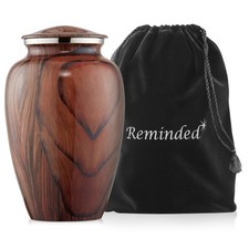 Adult Brass Cremation Urn for Human Ashes - Cherry Wood Grain Finish, Velvet Bag