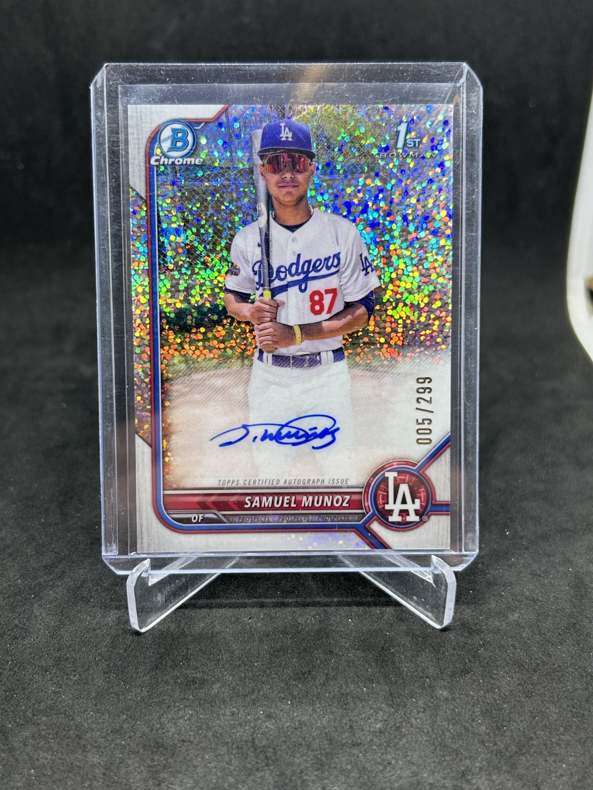 SAMUEL MUNOZ AUTO 2022 Bowman Chrome SPECKLE REFRACTOR #/299 RC 1st Bowman
