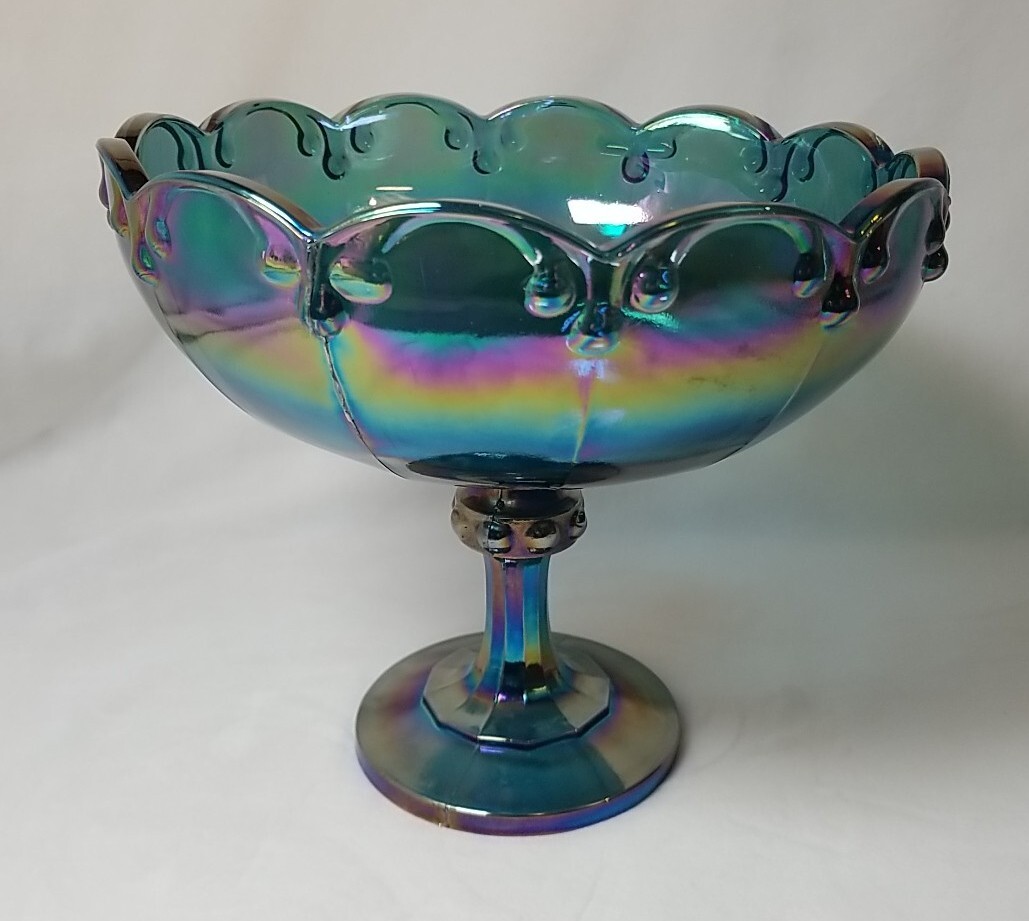 Vintage Indiana Blue Iridescent Carnival Glass Pedestal Compote Bowl