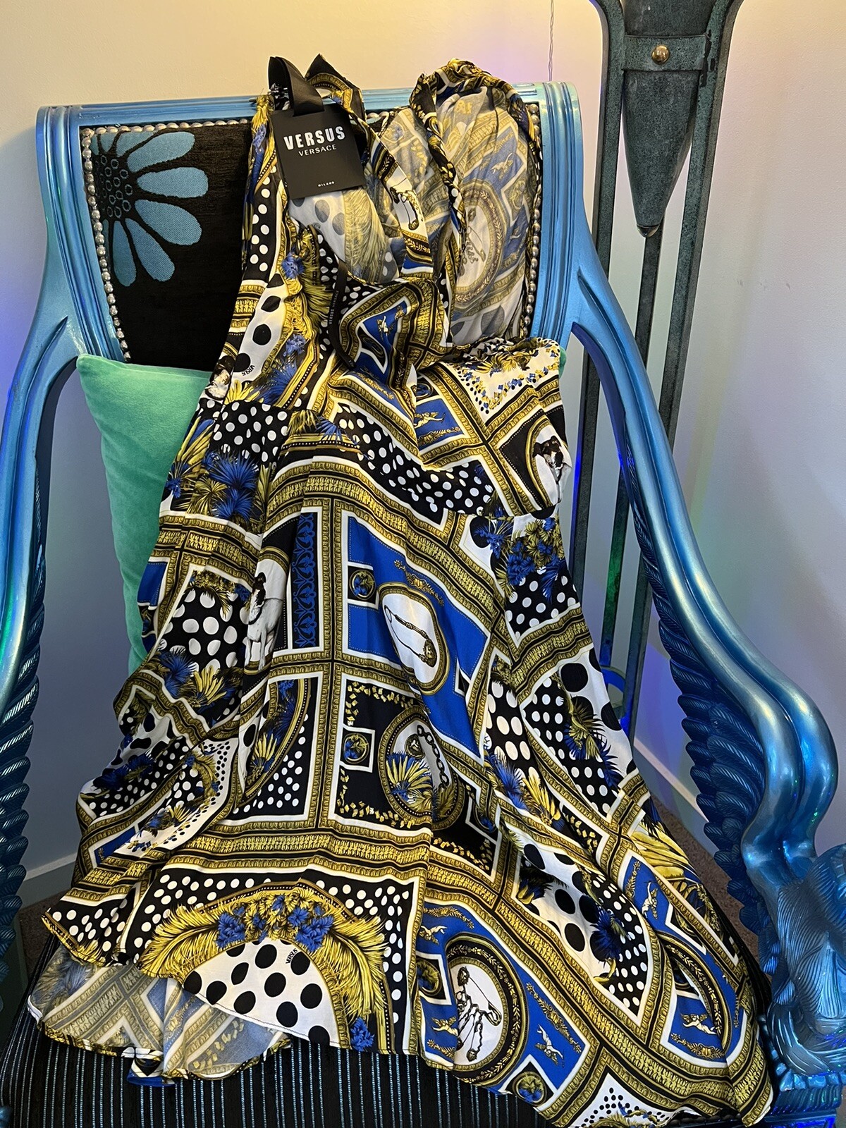 Versus Versace Logo Printed Cobalt & Gold Mini Dress RRP$1390 image 5