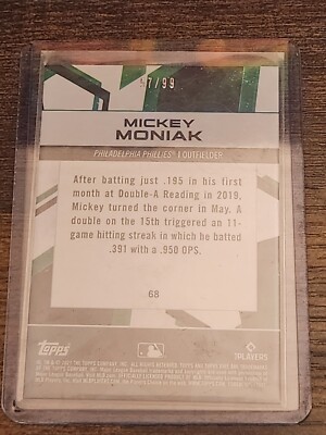 2021 TOPPS FIRE MICKEY MONIAK RC PURPLE /99 NO. 68 | eBay