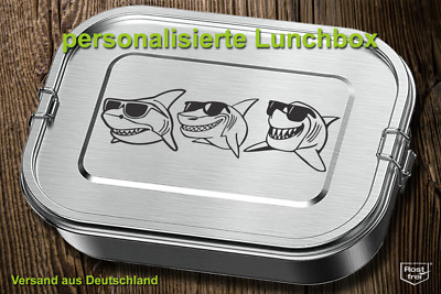 Edelstahl Brotdose mit Gravur Trennfach Lunchbox Bento Box Hai