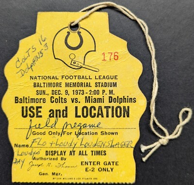 1973 NFL Game Field Pass Baltimore Colts Miami Dolphins Football Vintage