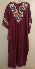 Maroon MAXI CAFTAN Dress Floral Embroidered Cover Up Vtg