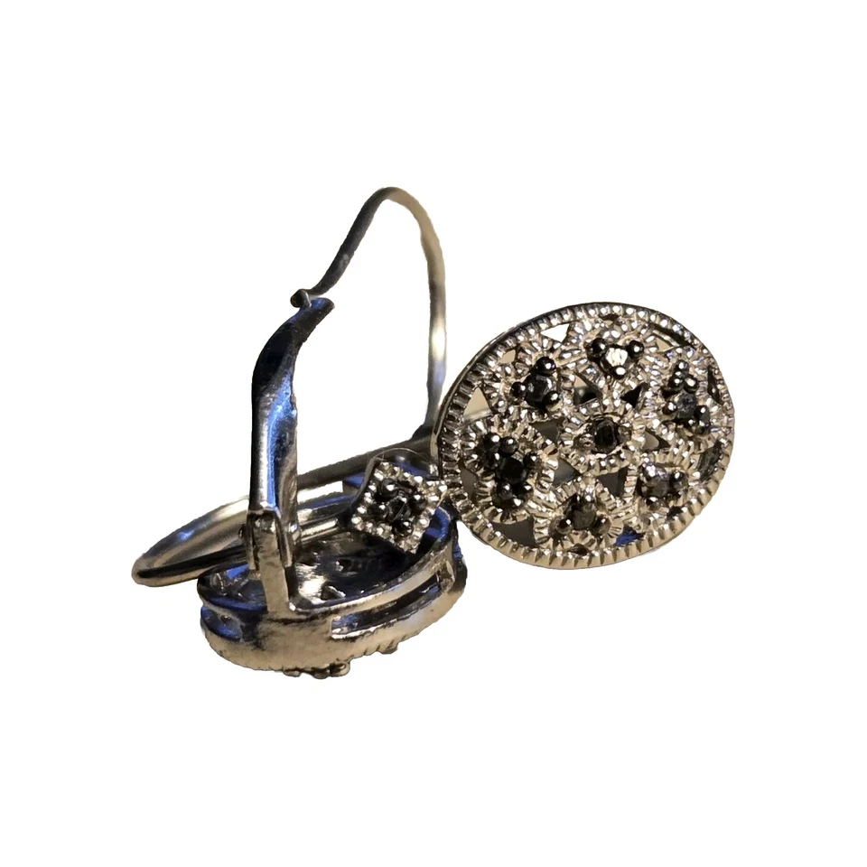 Black Diamond Earrings Sterling Silver Leverback Heart Shape Set Diamonds - Image 3 of 4